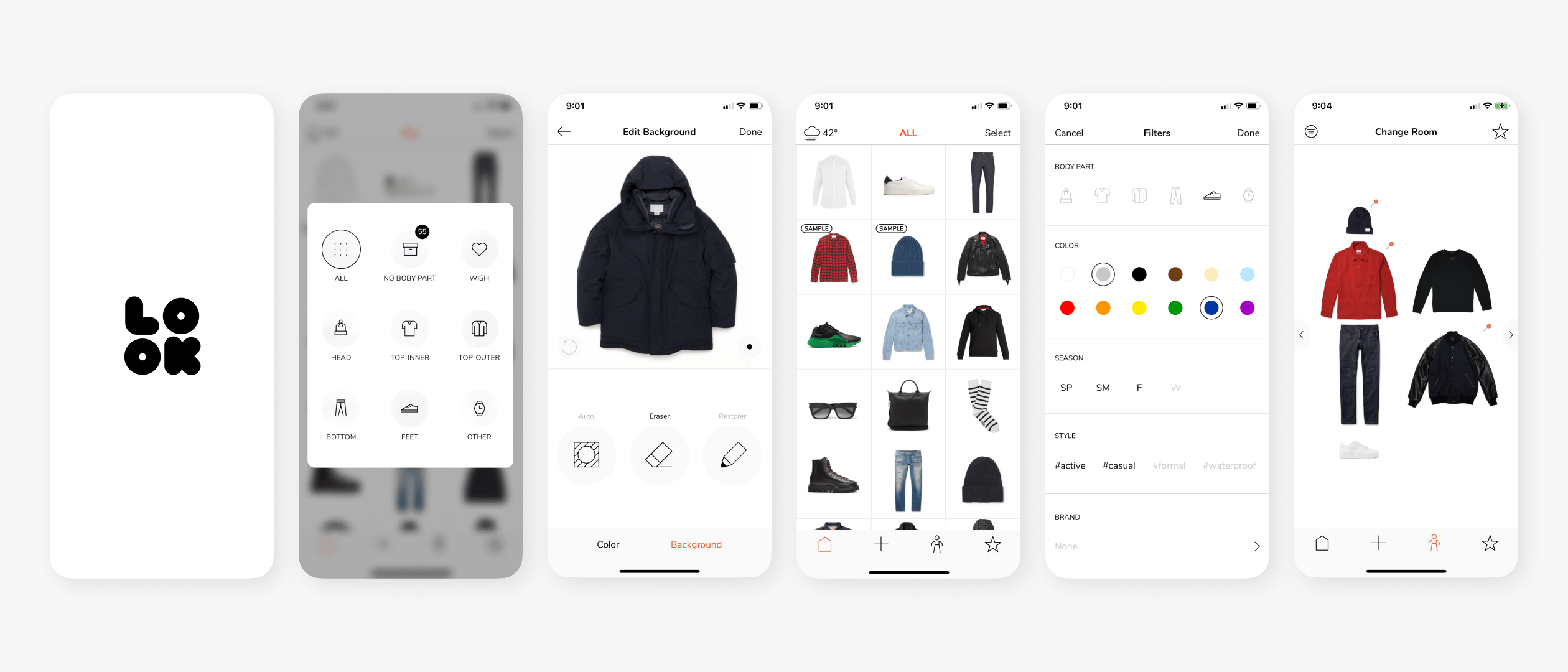 Lookscope three-step onboarding — Add clothes, Discover outfits, Build wardrobe