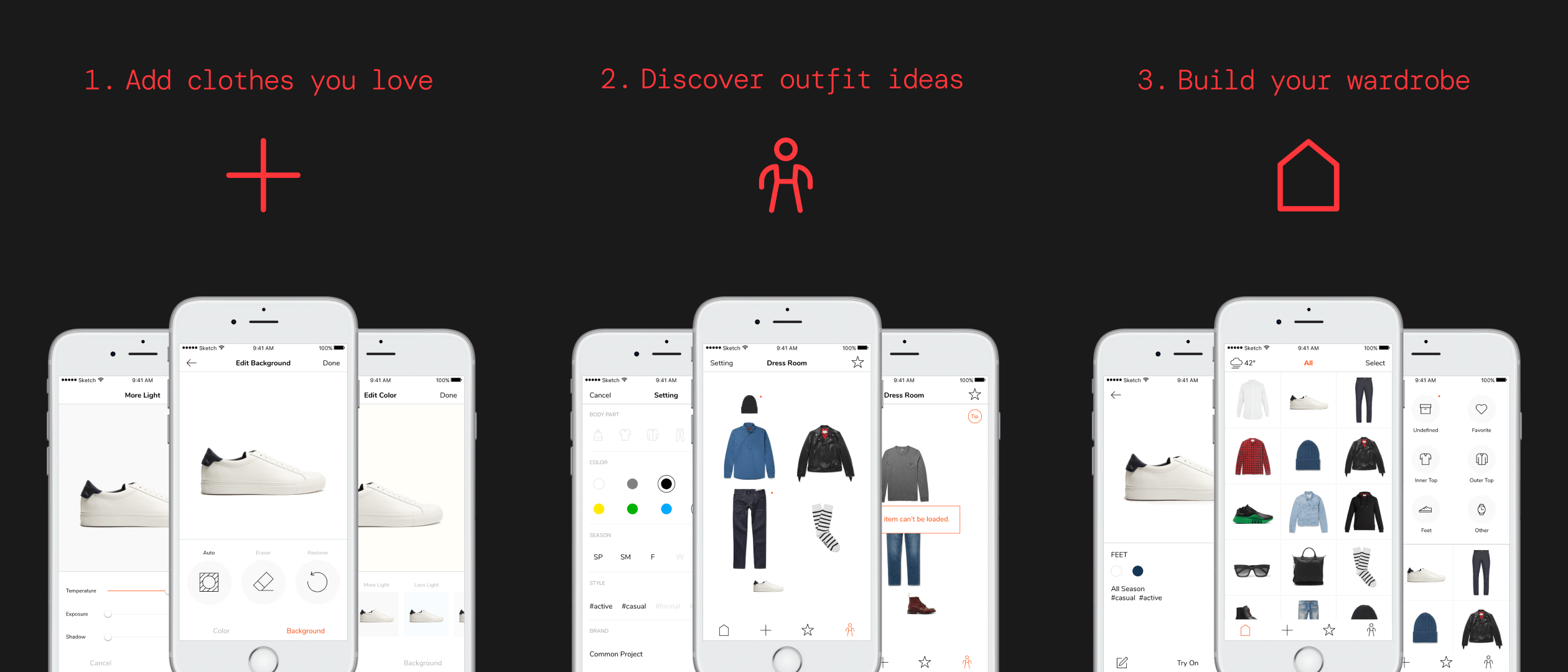 Lookscope app screens — category picker, photo editor, wardrobe grid, filters, change room