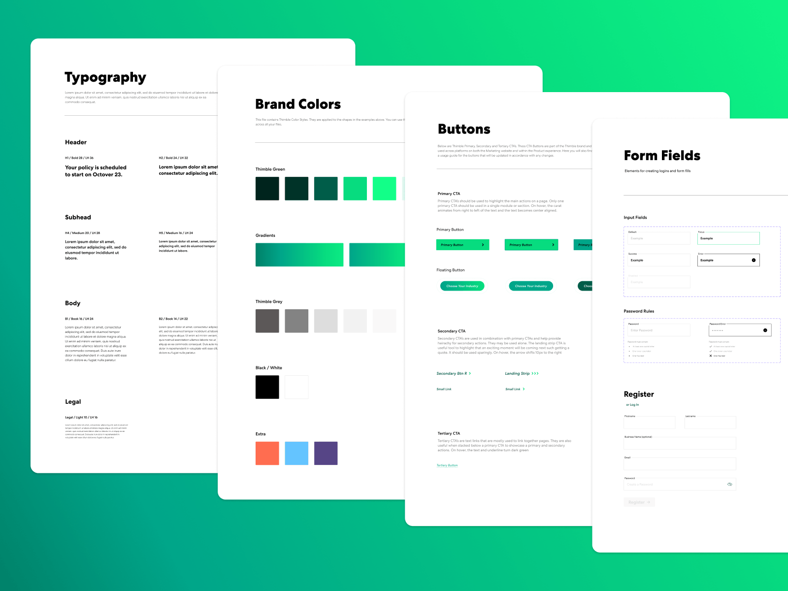 Design system pages — typography, colors, buttons, form fields