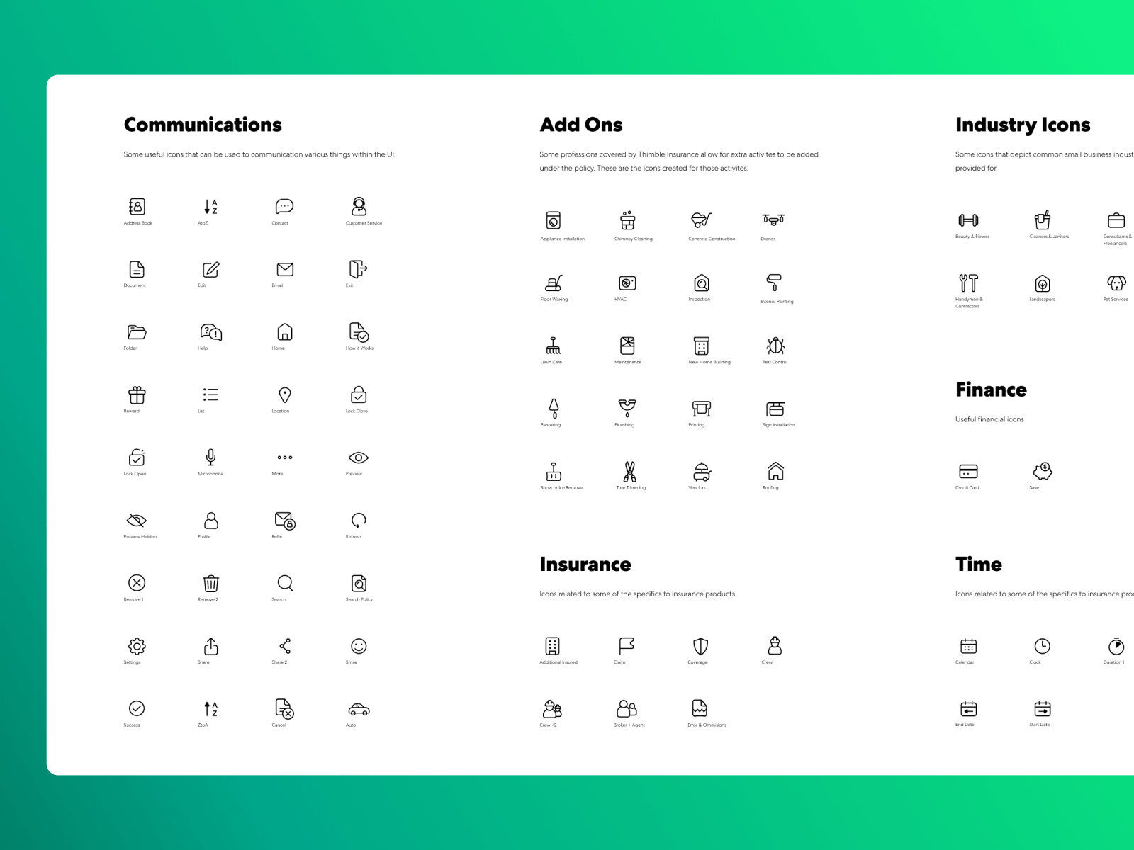 Icon library categorized — communications, add-ons, insurance, industry