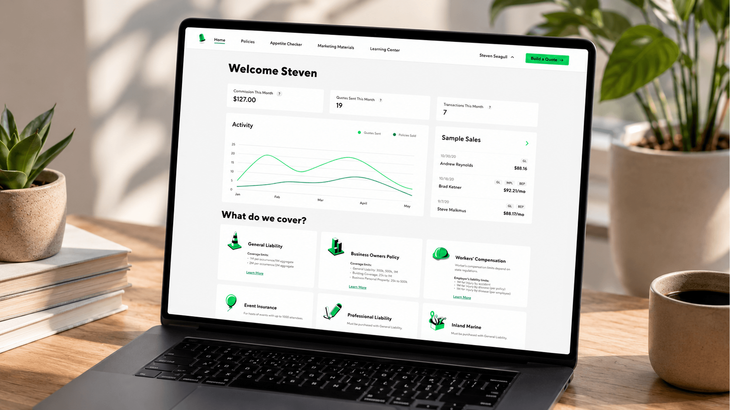 Thimble broker portal — Welcome dashboard with activity, commission, and coverage overview