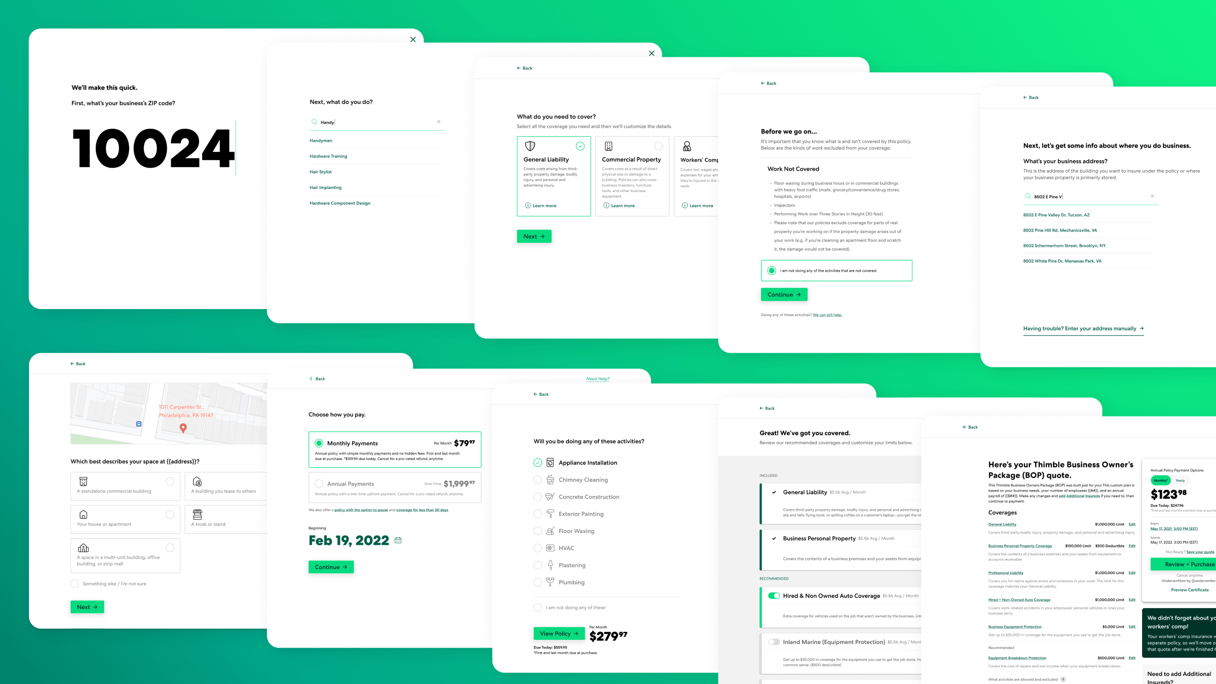 Quote and bind flow — from ZIP code to coverage selection to bound policy